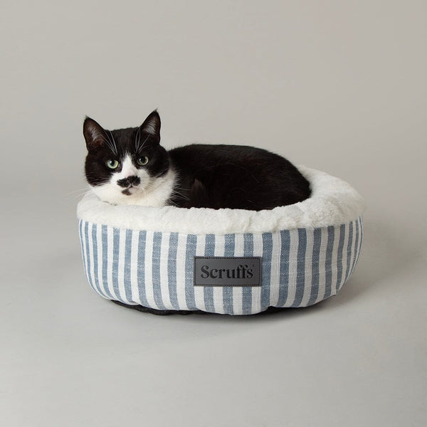 Scruffs Coastal Cat Bed with Cat sitting Blue Stripes