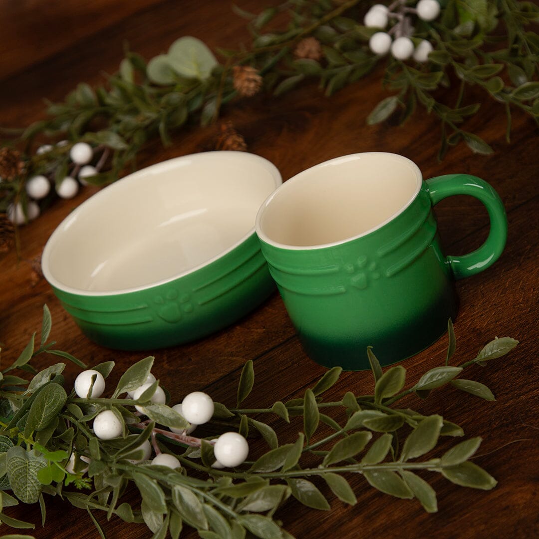 Winters Tail Food Bowl 15cm & Mug Gift Set - Green Pet Bowls, Feeders & Waterers Scruffs®