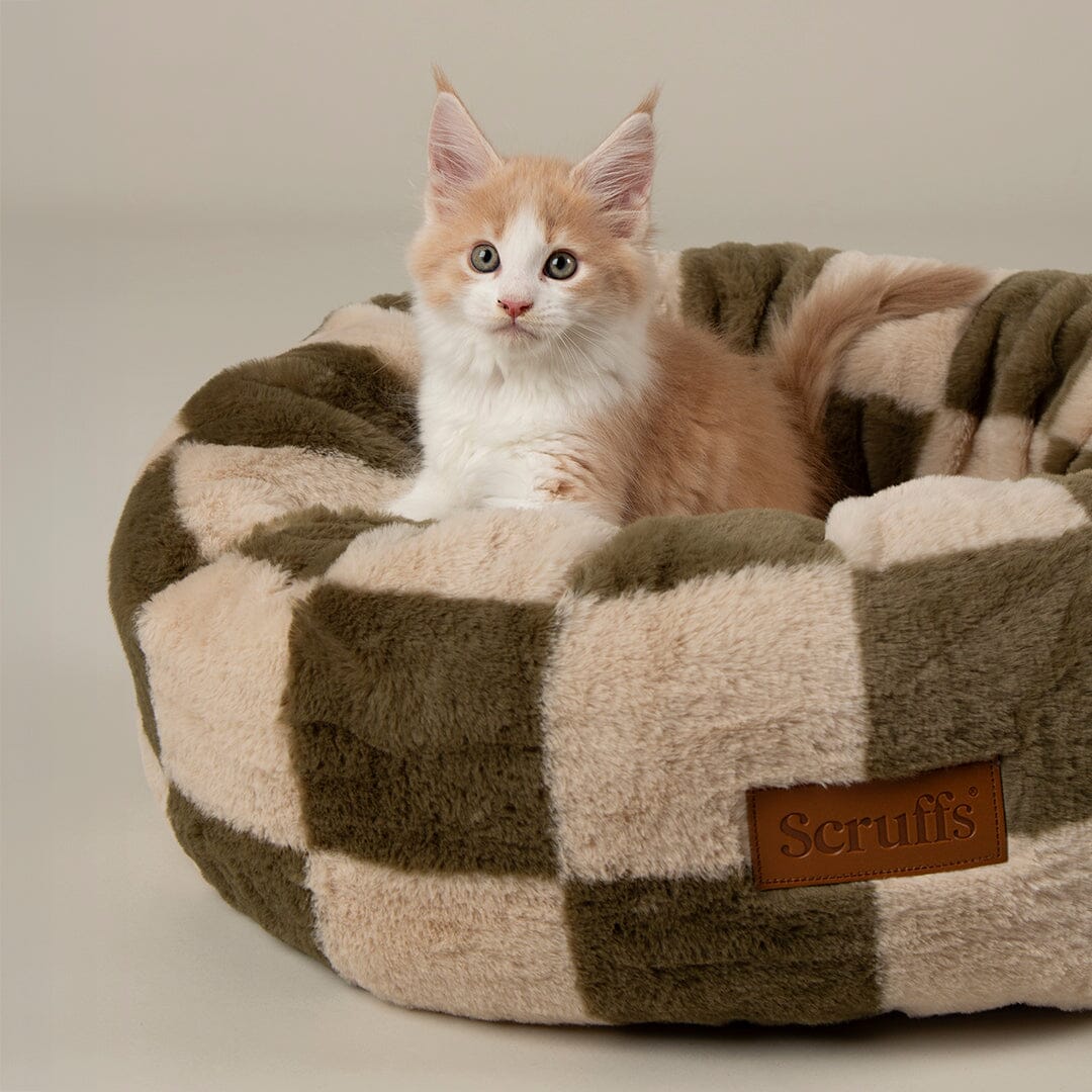 Checkerboard Round Cat Bed - Olive/Cream Cat Bed Scruffs®