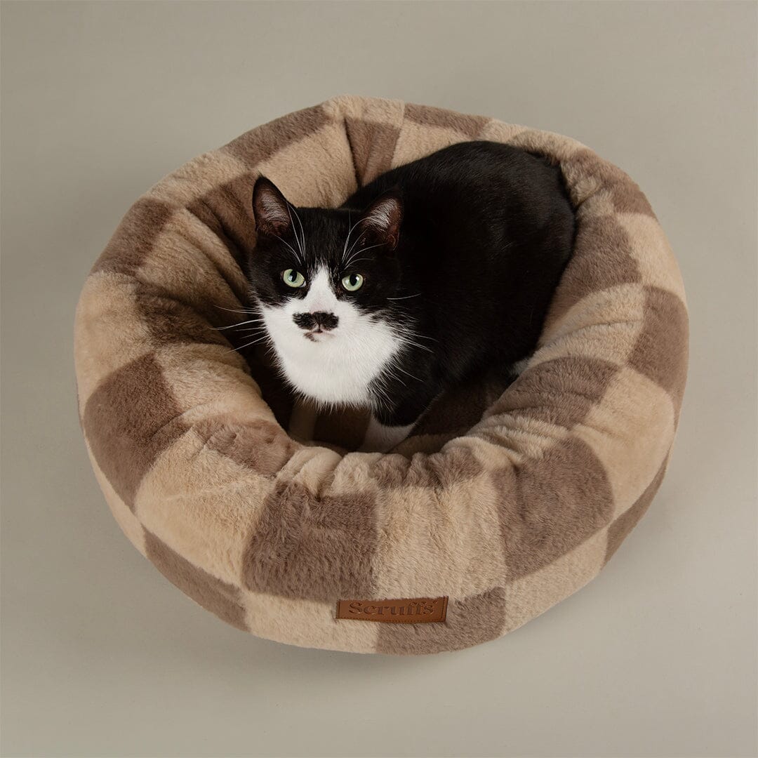 Checkerboard Round Cat Bed - Taupe/Cream Cat Bed Scruffs®