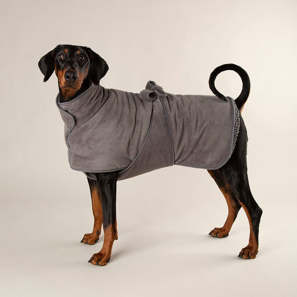 Expedition Deluxe Noodle & Microfibre Dog Dry robe in Graphite Grey worn by a doberman