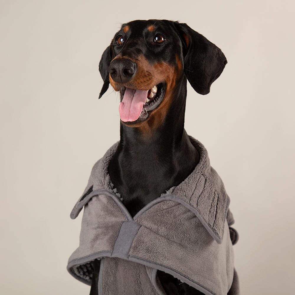 Expedition Deluxe Noodle & Microfibre Dog Dry robe in Graphite Grey worn by a doberman