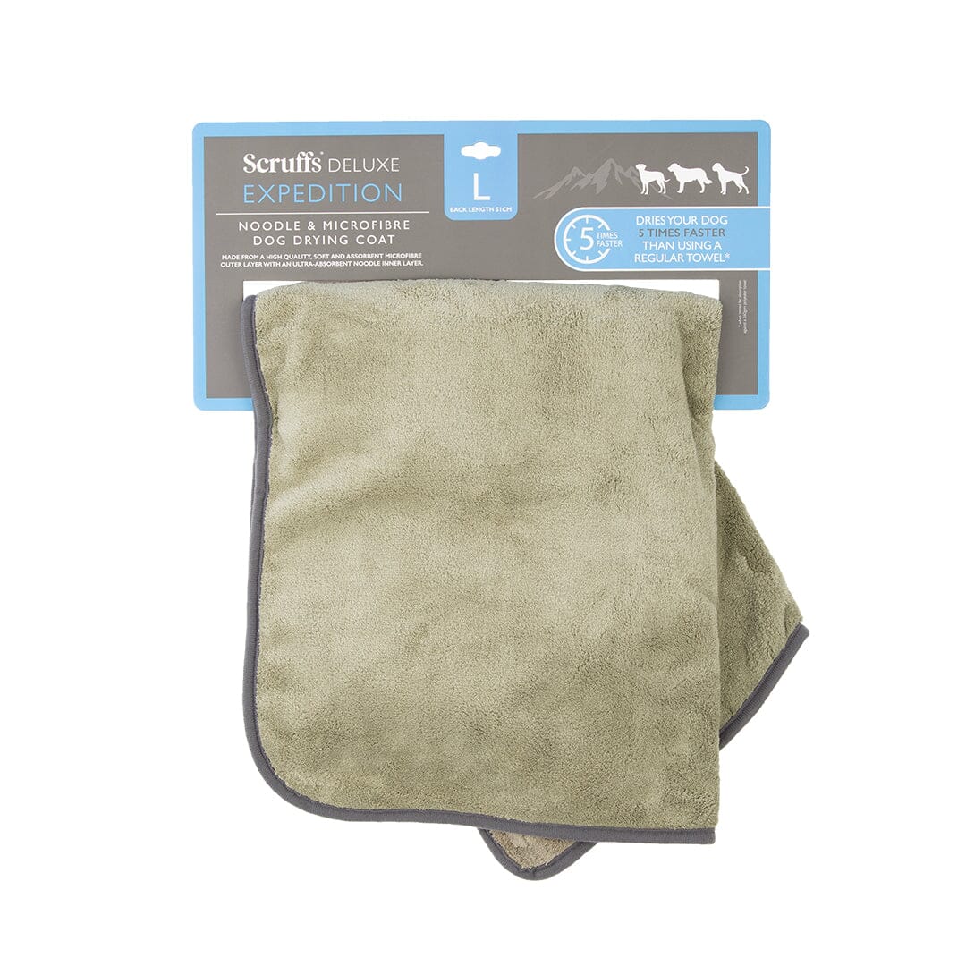 Expedition Deluxe Noodle & Microfibre Dog Dry robe in Khaki Green on a display hanger