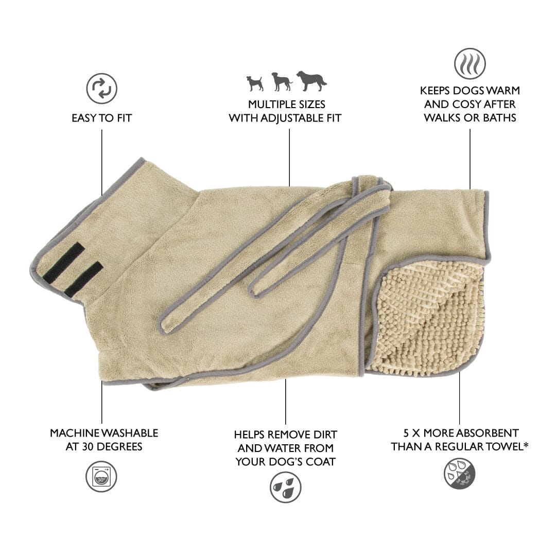 Expedition Deluxe Noodle & Microfibre Dog Dry Robe - Key Features, easy to fit, multiple sizes, adjustable fit, keeps dogs warm, machine washable, 5 x more absorbent than a regular dog towel*
