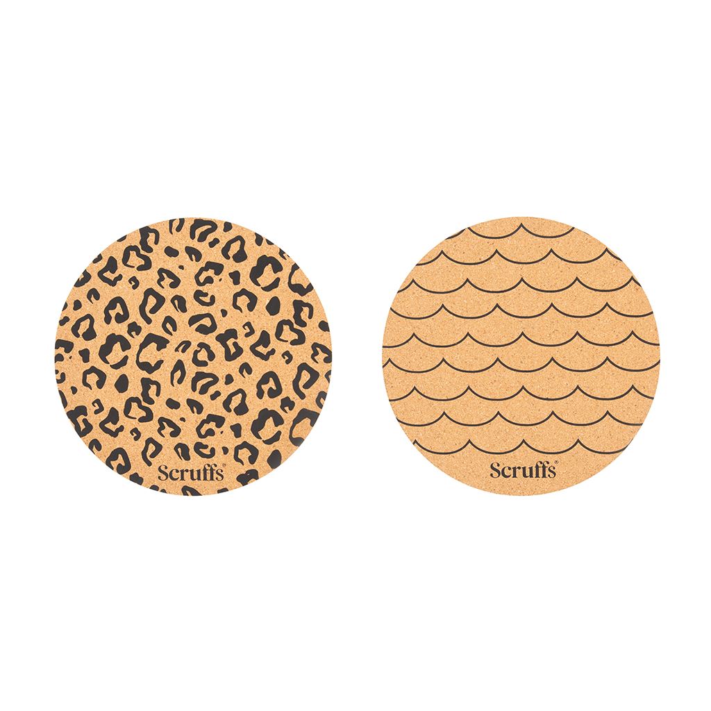 Scruffs 25cm Set of 2 Cork Pet Placemats - Wave & Leopard Pet Bowl Mats Scruffs®