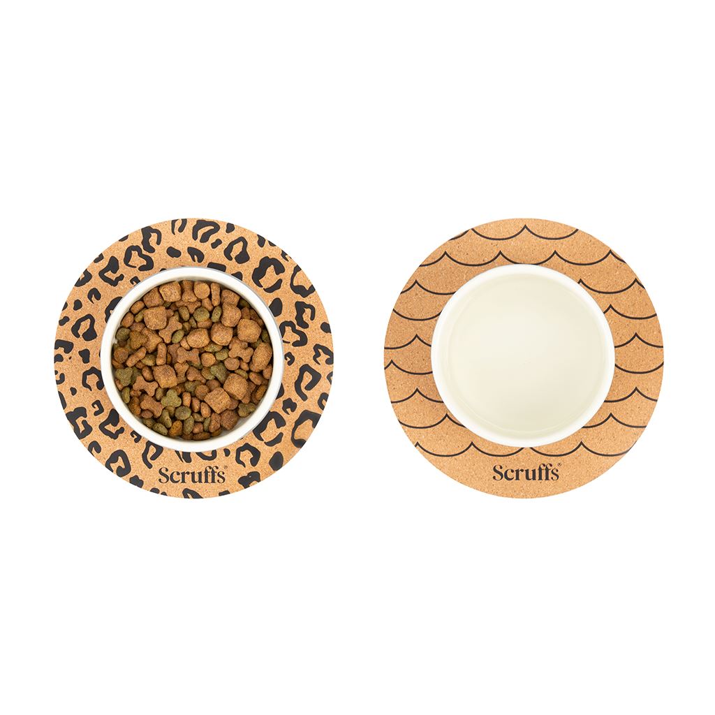 Scruffs 25cm Set of 2 Cork Pet Placemats - Wave & Leopard Pet Bowl Mats Scruffs®