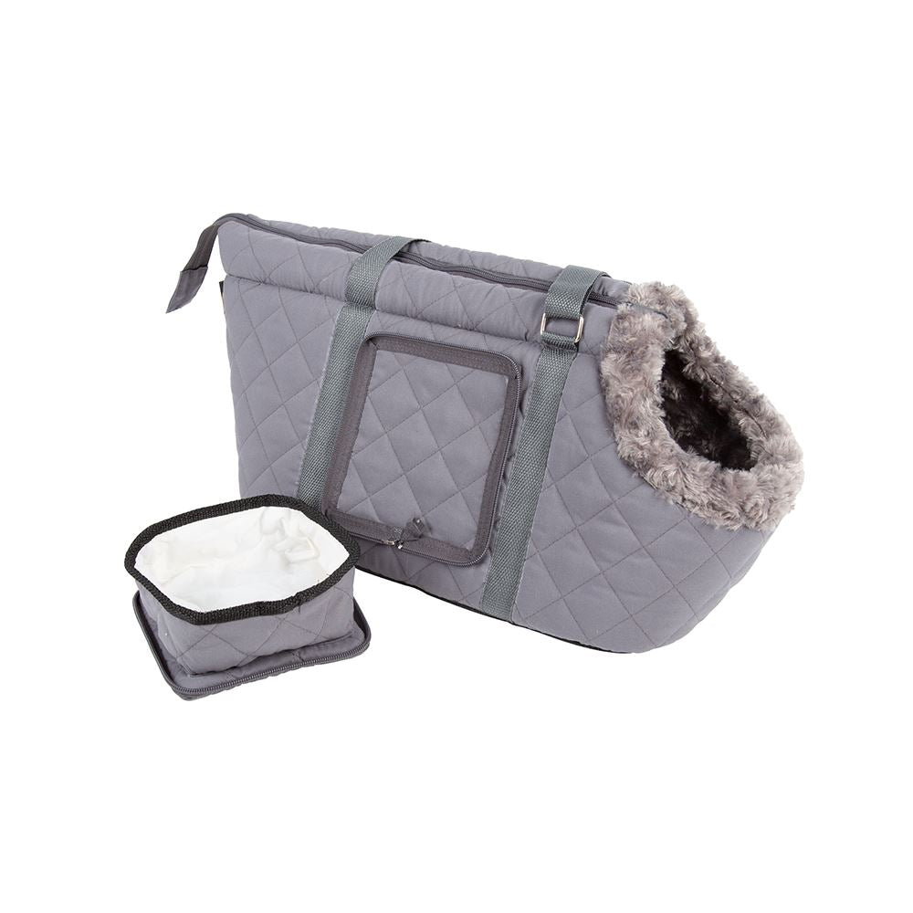 Close up of Wilton Dog Carrier Bag and matching grey quilted drinking bowl- Pet carrier by Scruffs®