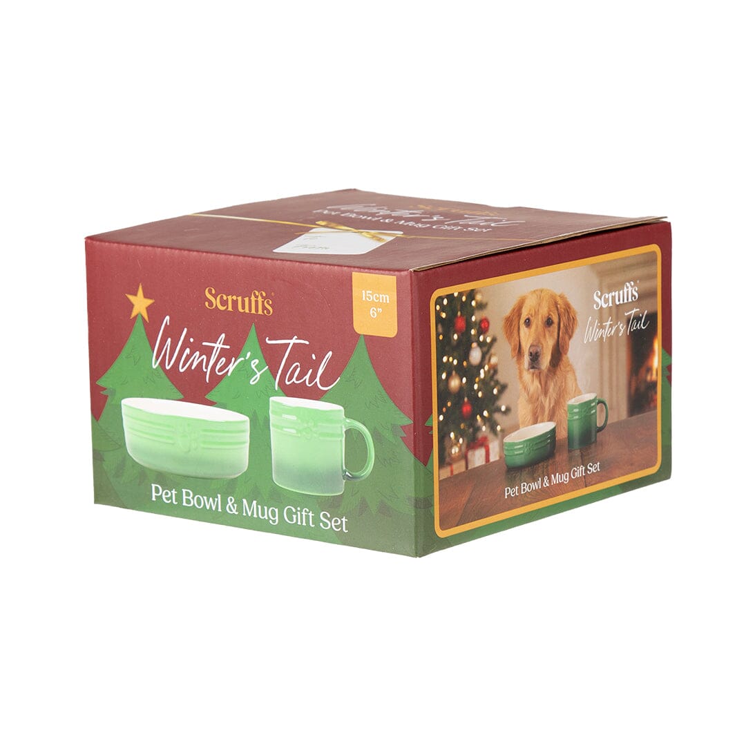 Winters Tail Food Bowl 15cm & Mug Gift Set - Green Pet Bowls, Feeders & Waterers Scruffs® 